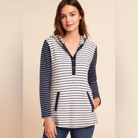 Lighthouse by Lands’ End Striped Hoodie XS NWT Navy White Nautical Pullover - Picture 1 of 4